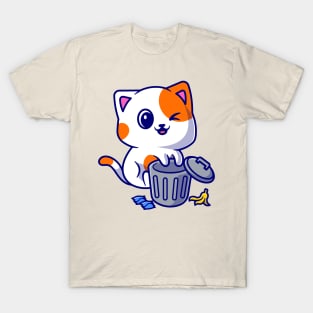 Cute Cat Playing On Rubbish Bin Cartoon T-Shirt